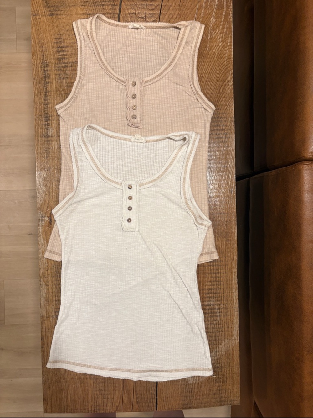 LA MIEL Ribbed Henley Tank Duo - Cream & Taupe